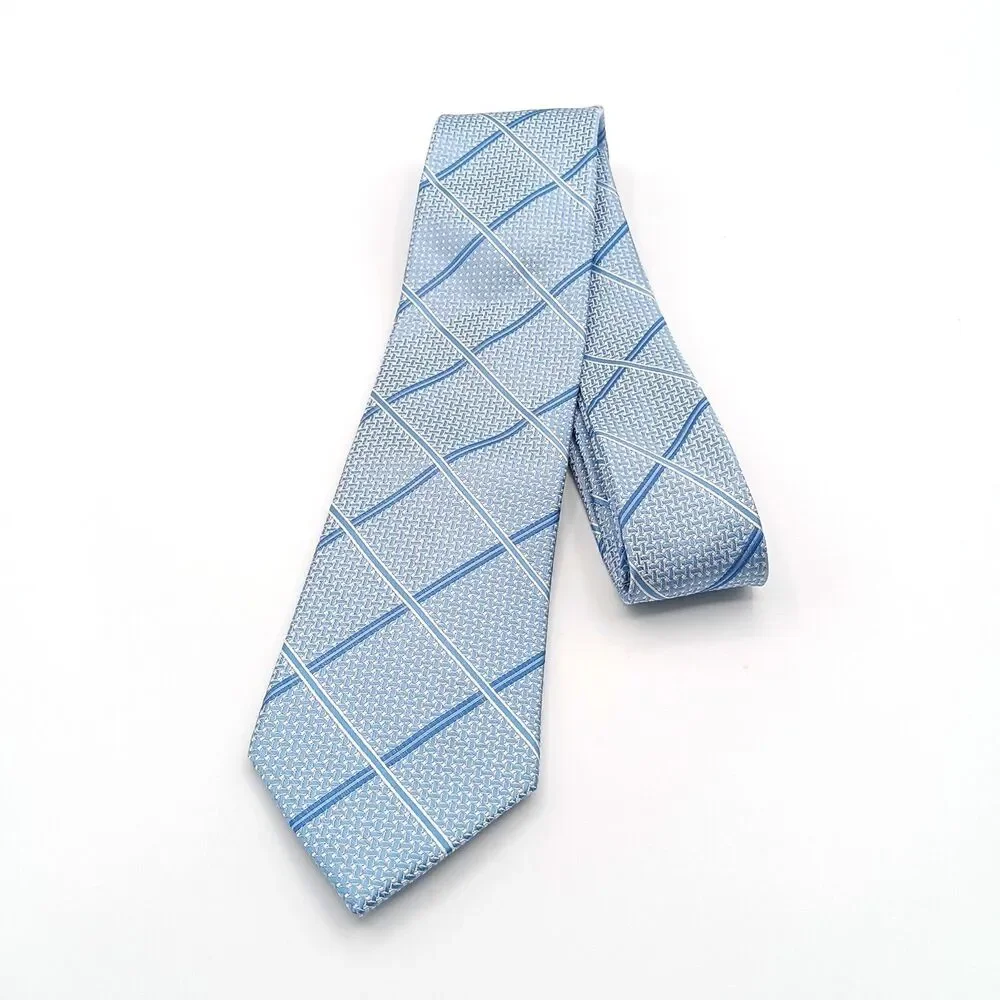 Pronto Uomo Silk Tie Mens Long 62” Sky Blue Plaid Herringbone Classic New